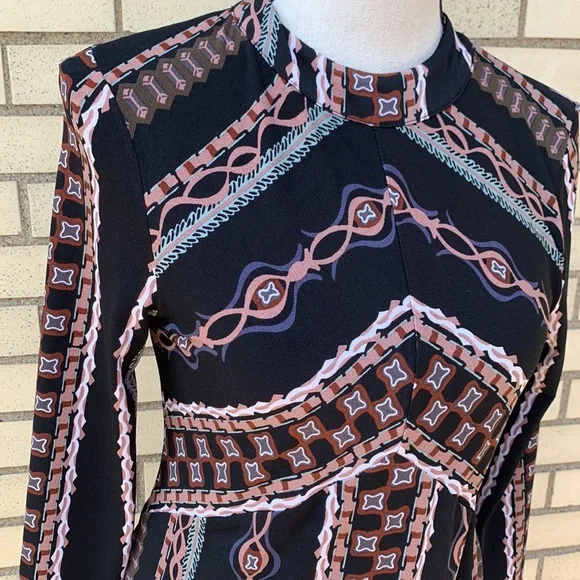 Free People Stella Black Patterned Mock Neck Lined Mini Dress - Picture 6 of 11